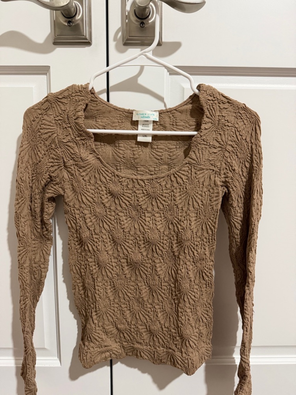 Altar’d State Tan Flower Long Sleeve Scoop Neck Top